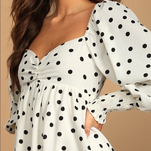 Lulu’s - Meet Me At Our Spot White Polka Dot Long Sleeve Mini Dress - M - Picture 7 of 9